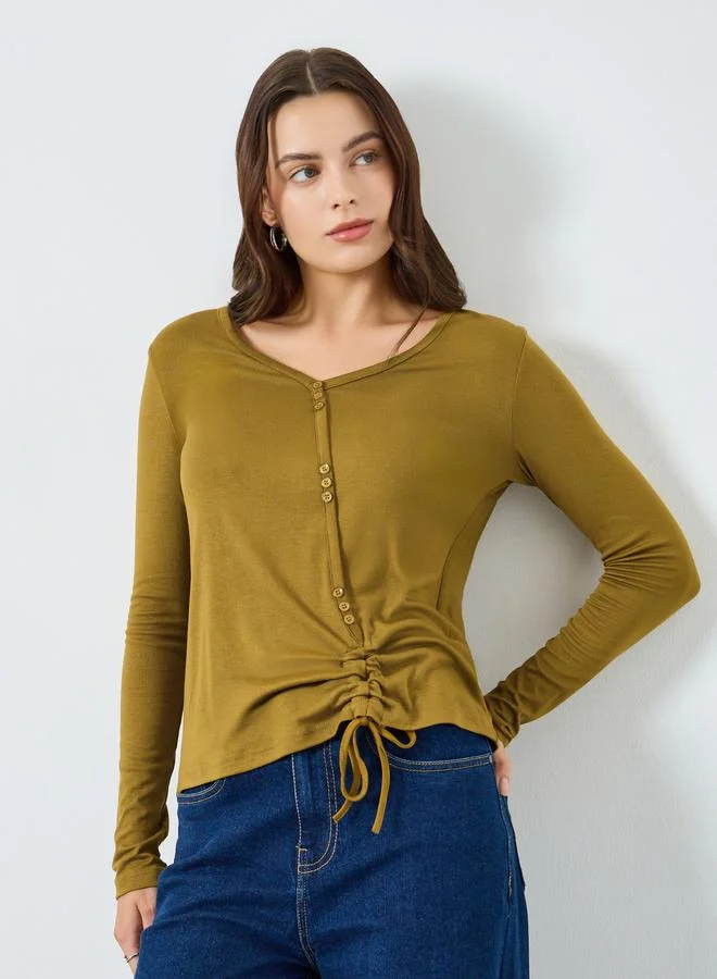 Styli Women Drawstring Buttoned Knit Top